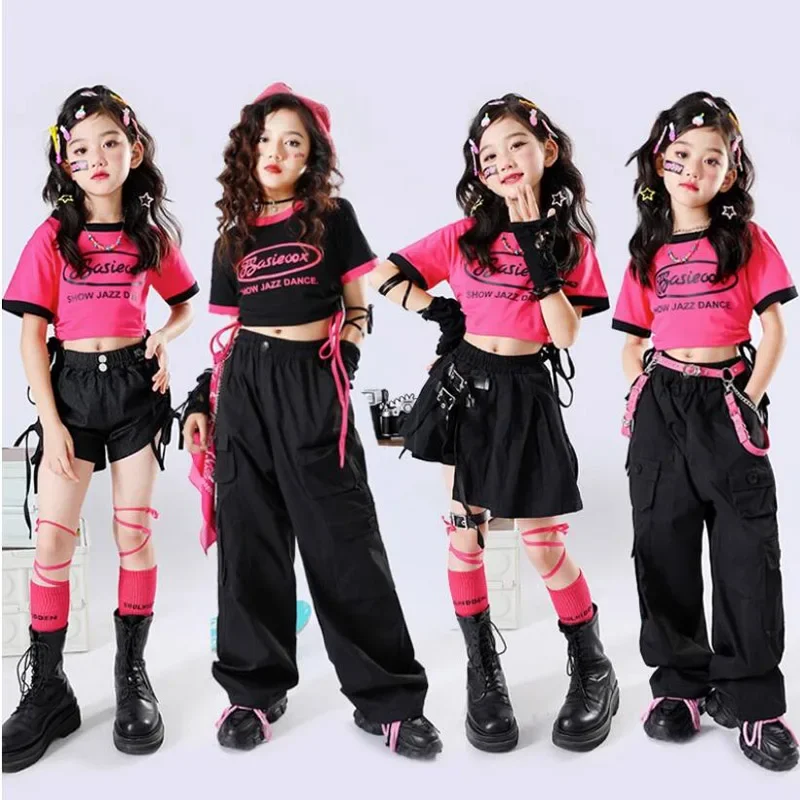 

Kids Hip Hop Outfits Crop Tops Shorts Street Dance Jazz Sweet Costumes Girls Black Cargo Pants Children Streetwear Clothes Sets