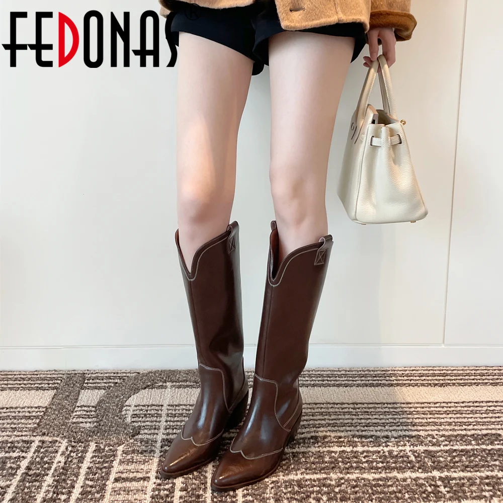 

Женские сапоги до колена FEDONAS, вечерние сапоги из натуральной кожи с острым носком в стиле ретро, Осень-зима
