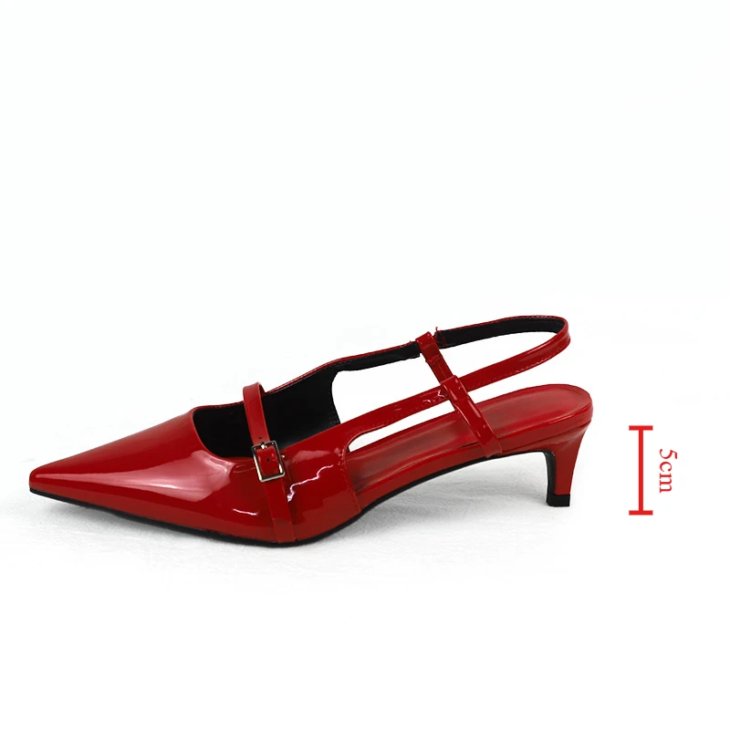 Summer Red Patent Leather Pointed Toe Slingback Sandals for Women Low Heel Design Offers Wear Strap Buckle Trendy Fashion Shoes