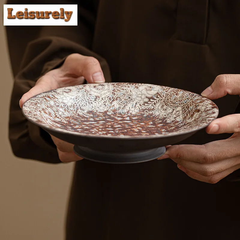 Flower Gilded Silver Old Rock Mud Coarse Pot Bearing Holder Vintage Dry Brew Table Tea Tray Fruit Sanck Plate Teaset Decoration