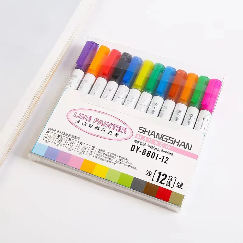 Double line hook pen 8 color 12 color set DIY highlighter hook pen student painting number pen 2 boxes mixed color