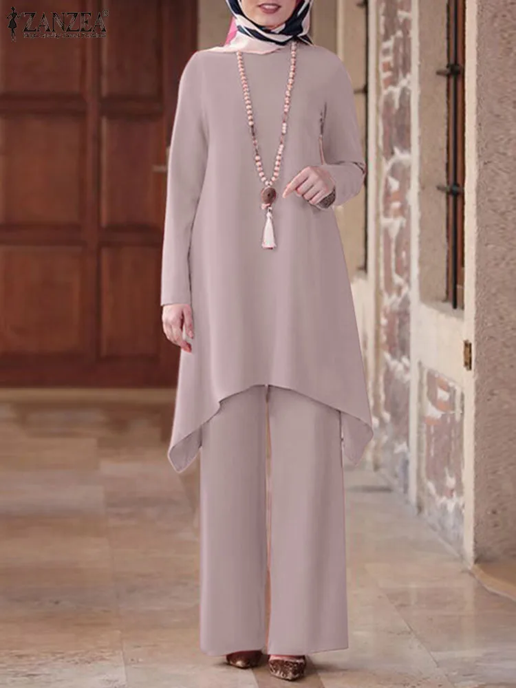 

ZANZEA Fashion Matching Sets Women Blouse & Pant Sets Muslim Asymmetrical Robe Kaftan Elegant Abaya Suit Dubai Turkey Outfits