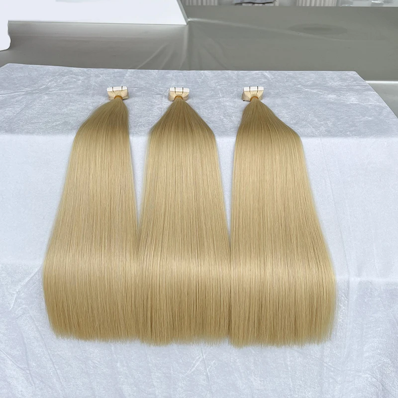 Double Drawn Straight Tape in Hair Extensions 12A Raw Hair Blonde Color #613 Straight 100% Human Extensions 100g/40pcs