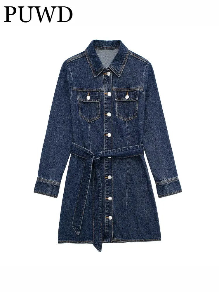 

PUWD Women Fashion With Belt Mini Denim Dress 2023 Spring Vintage Polo Neck Single-breasted Long Sleeves Female Dress Mujer
