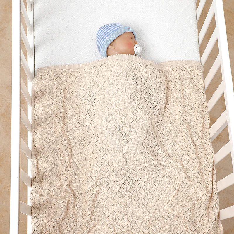 Coperta in cotone per neonati, lavorata a maglia, per bambini e bambine, trapuntata, 90x70 cm, tinta unita, per passeggino, super morbida, a quadri, alla moda, traforata - immagine 4