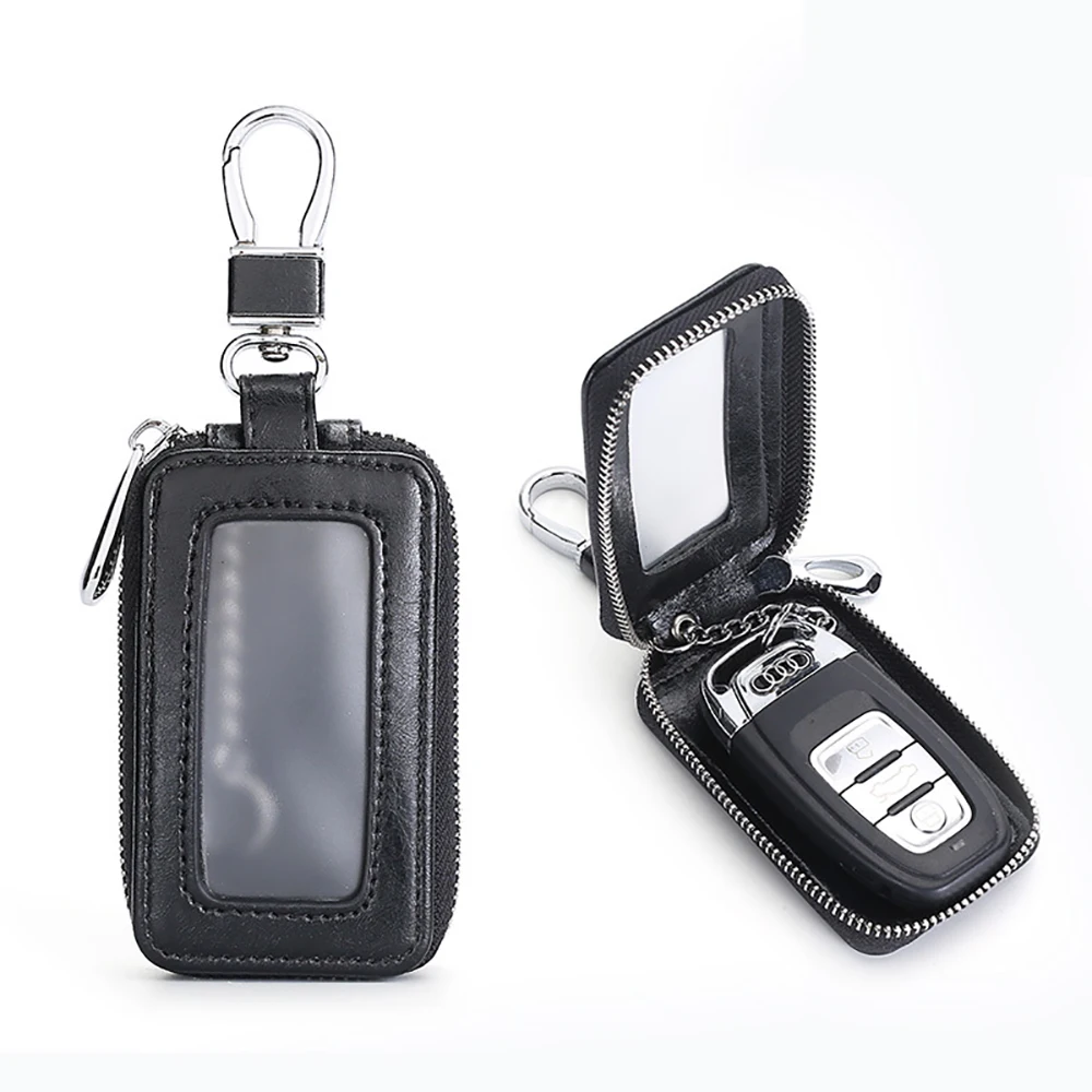 Leather Car Key Holder with Mirror Window - Retro Keyring Wallet and Zipper Pouch