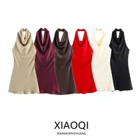 Silk Satin Texture Summer New Arrival Women's  Dr Hanging Ne Collar Gown Soft A-Line Skirt High Waist Pure Color