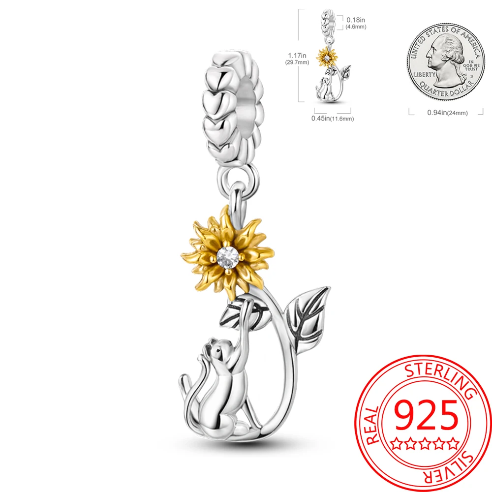 

Original Jewelry 925 Sterling Silver Yellow Flower Sunflower Daisy Cat Pendant Fit Pandora Bracelet Fashion Matching Decorative