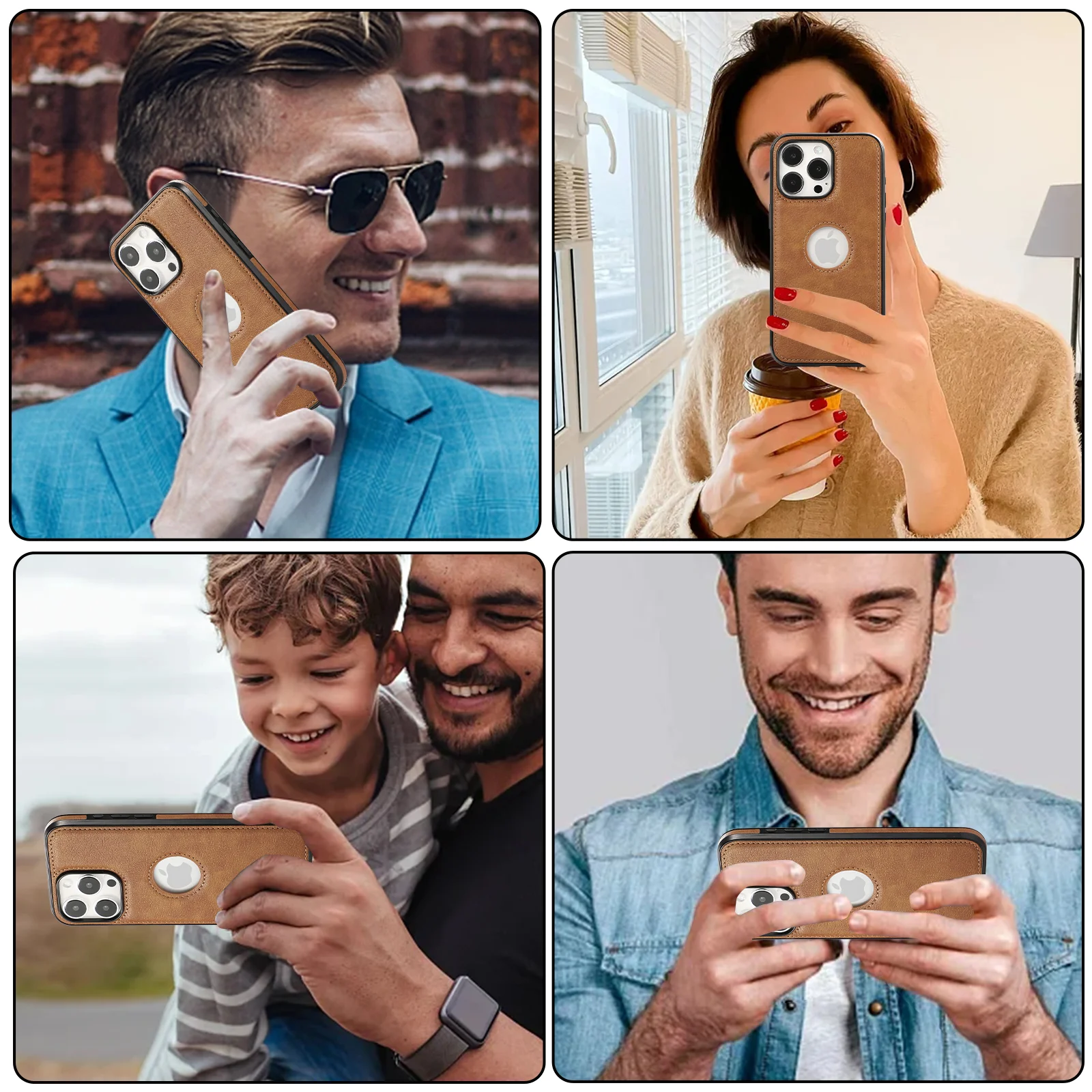 PU-Leder-Logo-Loch-Telefonhülle für iPhone 16 15 14 13 12 11 Pro Max XS XR X 7 8 Plus, stoßfeste Stoßstange, weiche Business-Rückseite – Detail 5