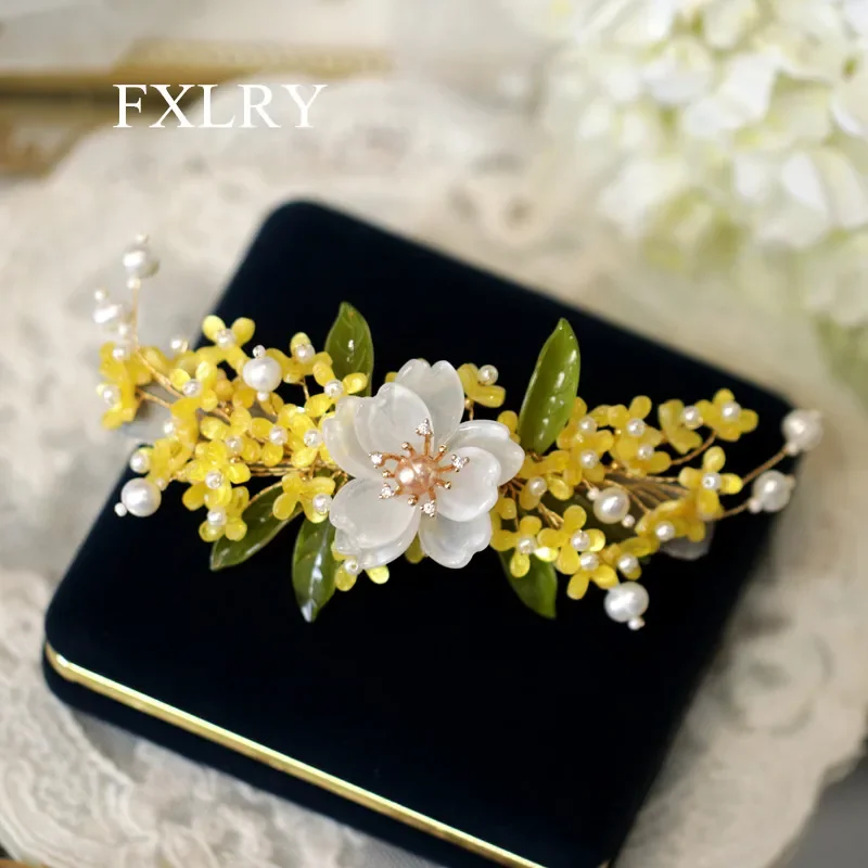 

FXLRY Original Design Handmade Pearl Flower Spring Summer Vintage Yellow Osmanthus Hairpin Hair Accessories