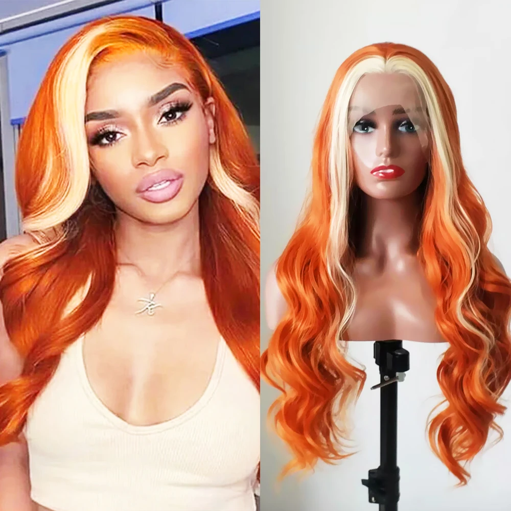 

RONGDUOYI Blond Highlight Orange Synthetic Wig Middle Part Body Wave Lace Front Wigs Heat Friendly Fiber Orange Hair Cosplay Use
