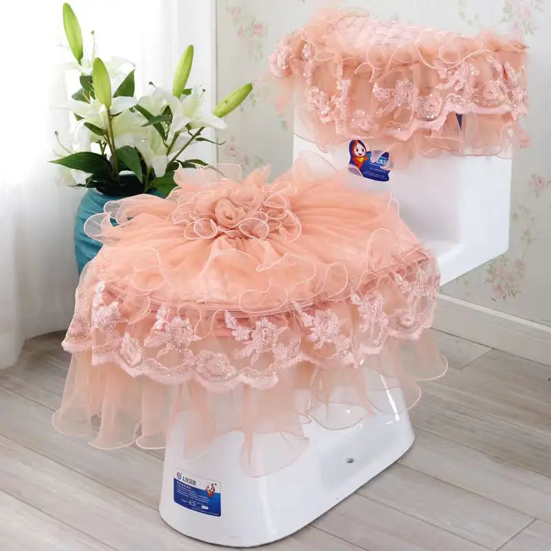 Orange Lace Toilet Seat Cover with Zipper 3-Piece Set Beautiful Warmer Pad Toilet Mat Washable Cloth Bathroom