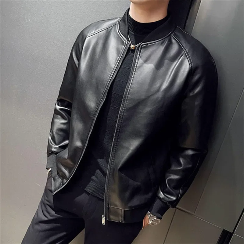 Men&rsquo;s PU Leather Jacket Fashion Baseball Collar Casual Jackets Solid Color Motorcycle Leather Outerwear leather jackets