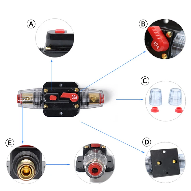 20A 30A 40A 50A 60A 80A 100A Circuit Breaker 12V-48V DC Car Truck Resettable Fuse Short Protection Fuse Holder Power Insurance