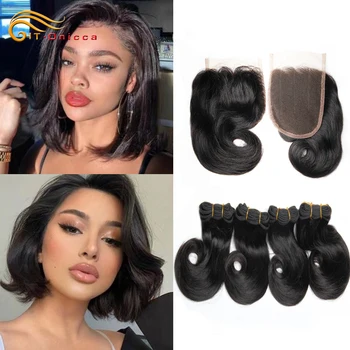 Short Body Wave Bundles With Closure 4x4 Lace Closure Indian 100% Human Hair Bundles With Closure 1B 30 27 Burgundy Colored