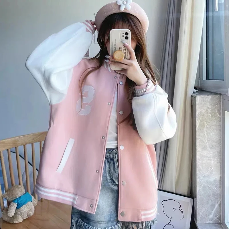 Autumn Pink Baseball Jacket Women Harajuku Casual Pocket Printed Korean