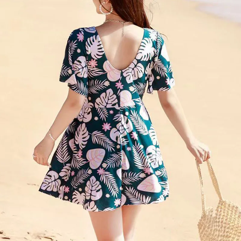 Casual Conjoined Body Swimwears Summer Women Clothes Fashion V-Neck High Waisted Print Short Sleeve Backless Loose Swimming Suit