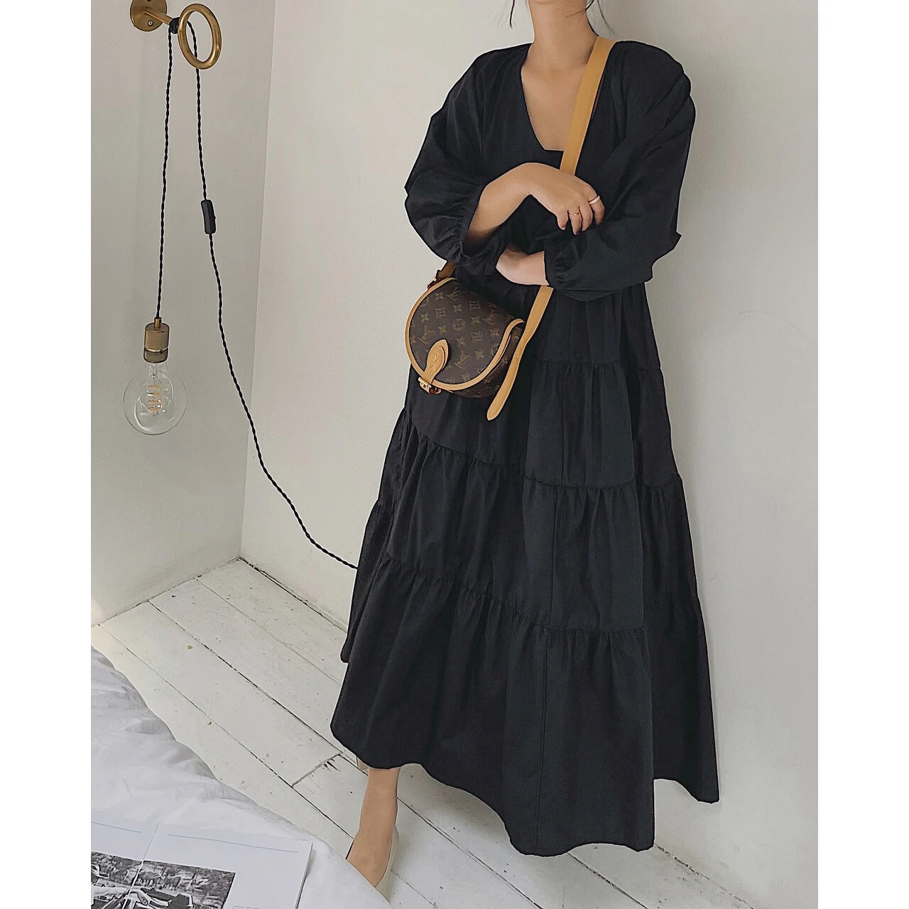 

2022 Women Black Shirring Dress Shirt Elegant Robe Y2k Spring Summer Midi Maxi Long Clothes Party Evening Prom Tunic Sexy Oem