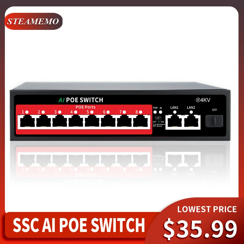 Steamemo Sfp 100m Poe Switch Port ai Verdog Built-in Power 120w Ethernet Switch Network para Câmera ip sem Fio ap