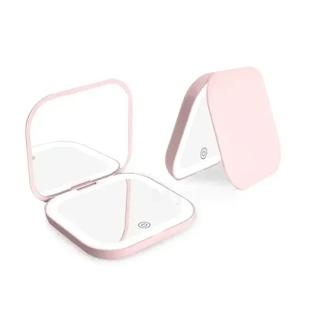 Miroir de vanité cosmétique Compact grossissant 2X avec lumières, Mini cadeau de voyage, miroir de maquillage de poche Portable pliable à Led 2