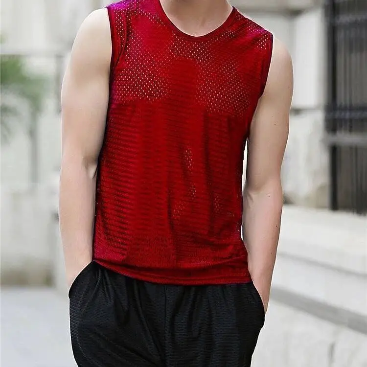 1PCS Men Tops Ice Silk Vest Outer Wear Quick-Drying Mesh Hole Breathable Sleeveless T Shirts Summer Cool Vest Beach Travel Tanks Men Undershirt Sports Sleeveless Vest Quick Dry T Shirt