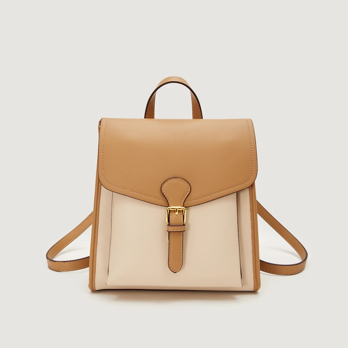 Women's Stylish Two - tone Leather Backpack with Gold tone Buckle Detail Ideal for Daily and Fashionable Looks - 6