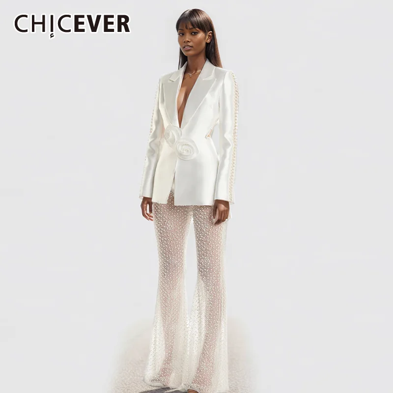

CHICEVER темпераментный комплект из двух предметов для женщин с отложным воротником с длинным рукавом с аппликацией топ с высокой талией брюки женские комплекты