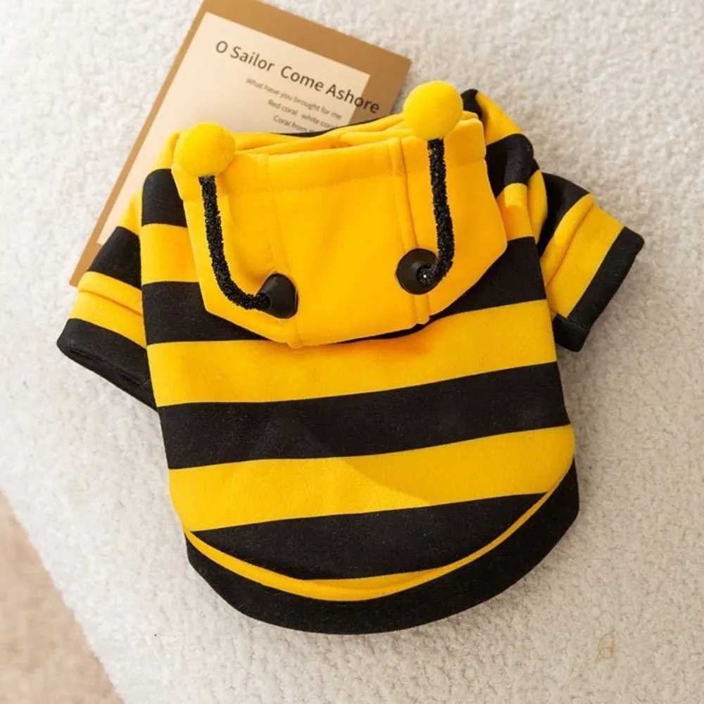 Cute Soft Pet Bee Costume Hooded Winter Warm Stripes Design Cat Dog Clothes Breathable Bee Cosplay Costume Pet Supplies