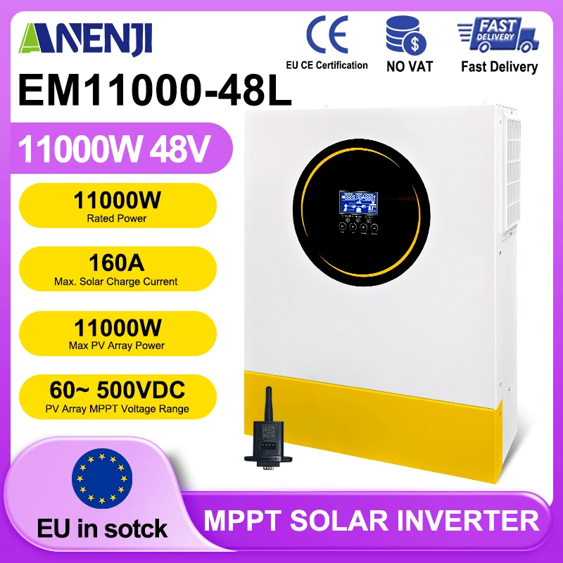 Onduleur Soalr hybride 11kw, entrée PV 500VDC 220VAC 48VDC MPPT 160A, onduleur à onde sinusoïdale Pure 11000W avec Port WiFI BMS RS232