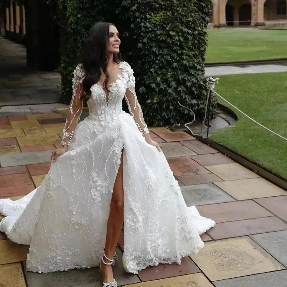 

Elegant Wedding Dress 2024 Sheer Neck 3D Flowers Lace Appliques Long Sleeves Bridal Gowns African Vestidos De Noiva