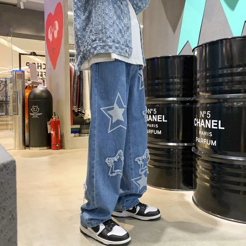 Fashion Casual Stars Towel Embroidery Baggy Men Jeans Pants Y2k Clothes Straight Hip Hop Cotton Trousers Pantalon Homme Men Jean