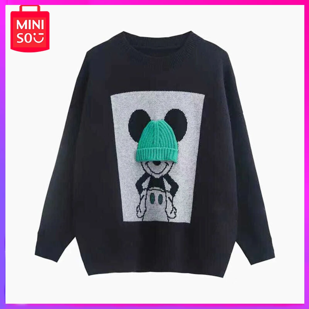 

2024 Miniso Disney Mickey Mouse Women Winter Cartoon Pullover Sweater Loose Crew Neck Knitwear Kawaii New Year Christmas Gifts