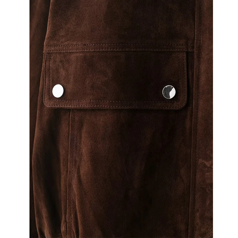 TFMLN Women' Pockets Suede Bomber  Jacket Long Sleeve Zipper Autumn Winter Stand Collar Short Coat 2025 Fashion Outerwear