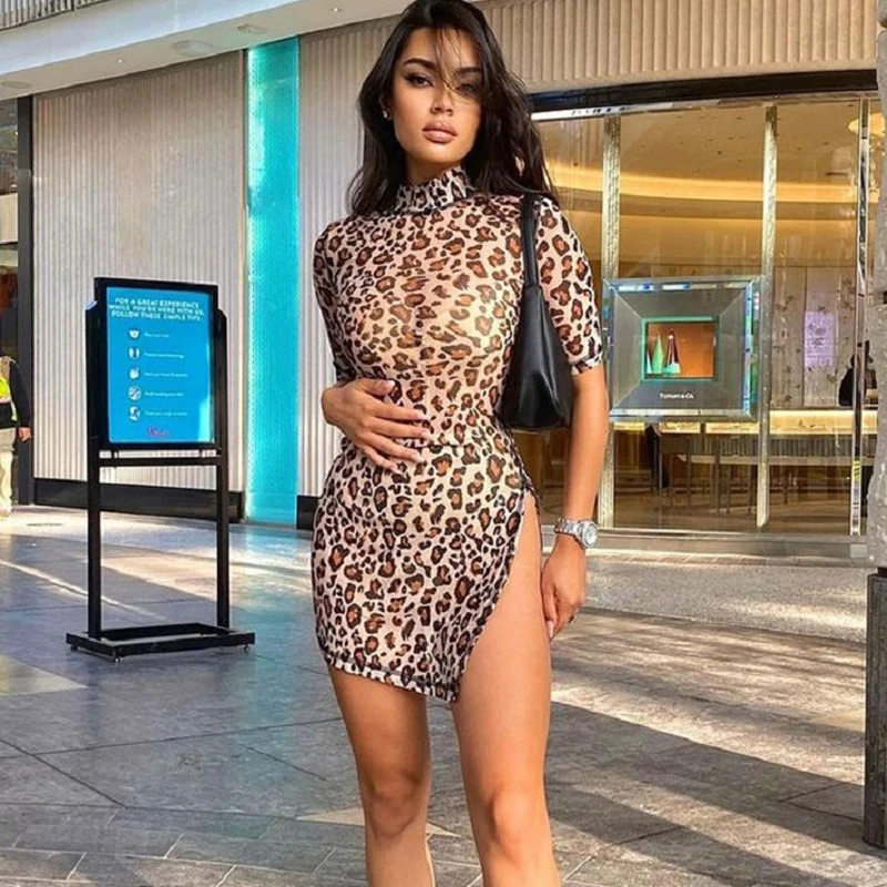 

Summer Leopard Print Sexy Dress Half High Collar Short Sleeve Split Slim Mini Bodycon Dresses For Women Club Party Streerwear