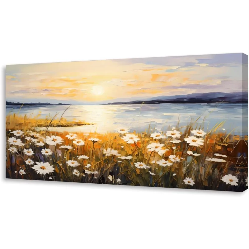 

Wall Art Canvas Painting Modern Abstract Sunset Lake Scenery Decorative Painting Field White Daisies Picture Poster Print Framed