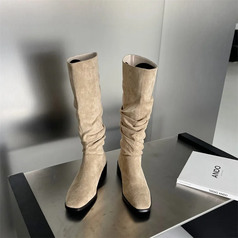 

Euro Size 35-40 Women's Knight Wrinkle Boots Vintage Suede Thick Heel Summer Ladies New Pleated Easy Match Shoes