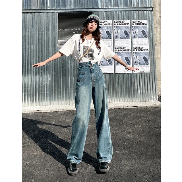 Fashion Blue Irregular Jeans Vintage High Waist Straight Wide Leg Pants  Street Casual Baggy Mopping Denim Trouser Ladies Spring - Jeans - AliExpress