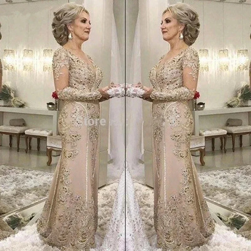 Plus Size Mother Of The Bride Dresses Mermaid V-neck Long Sleeves Appliques Beaded Long Groom Mother Dresses For Wedding