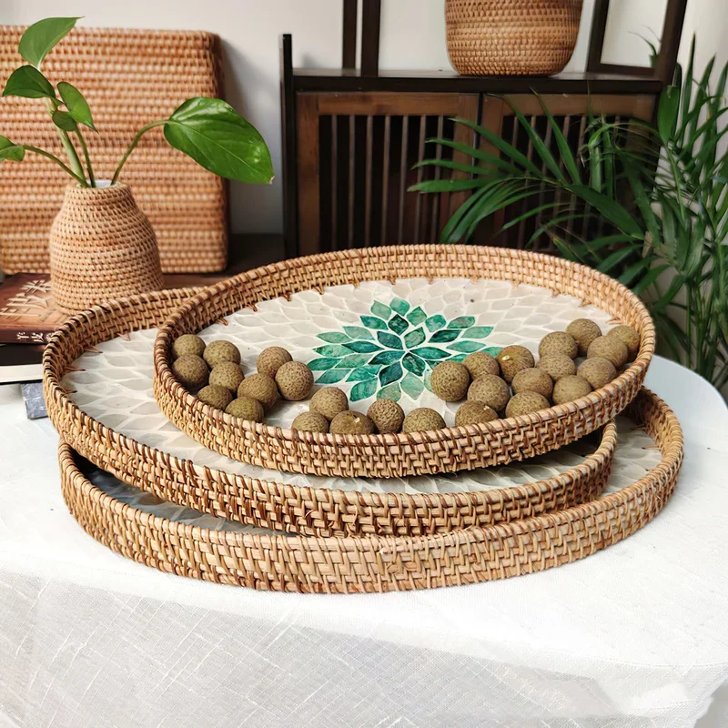 Rattan Basket HandWoven Fruit Storage Breakfast Severing Tray Drinks Snack Coffee Platters Bread Plate Home Tableware Organizer