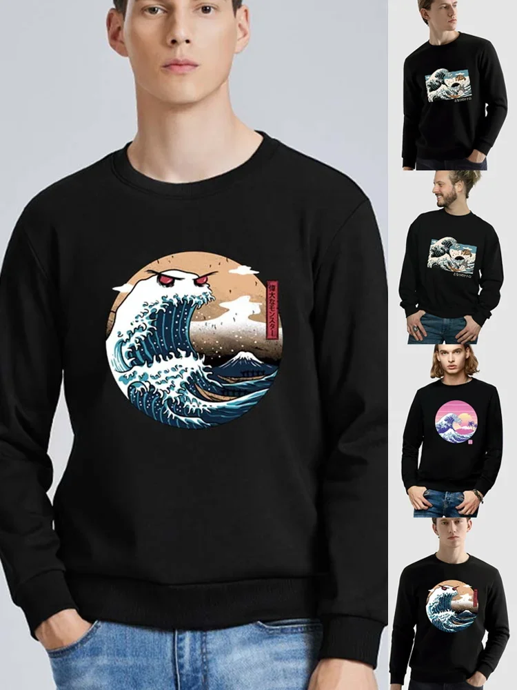 

Wave Print Series Pullover Unisex Casual Japanee Black Harajuku Long-sleeved Sweatshirt O-neck Street Commuter Soft Youth Hoodie