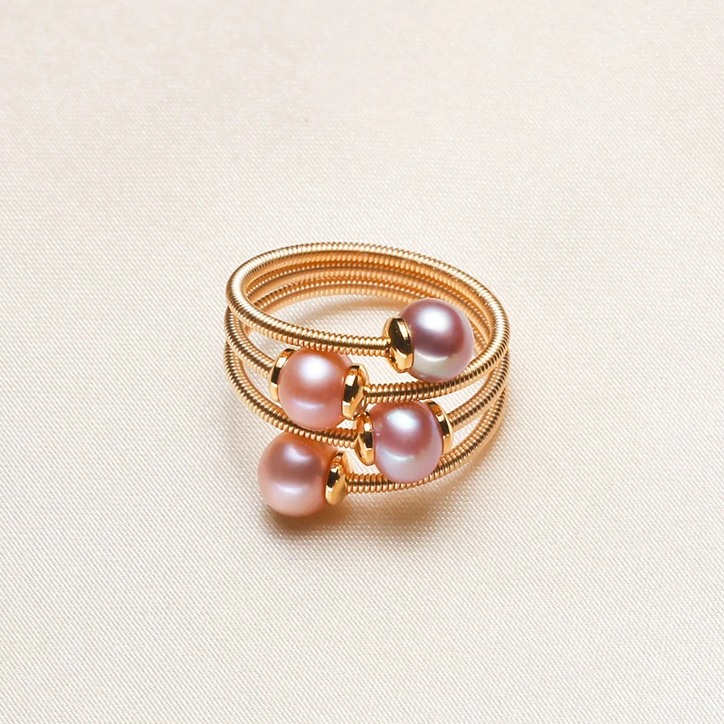 MULICHEN 4-5mm Freshwater Pearl Women's Ring Hand-wound Art Jewelry Copper Alloy 14K Gold Plated Open Ring Fashion Jewelry