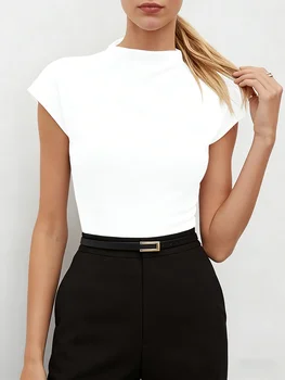 Women's T-shirt Spring Summer Top White Tee Mock Neck Cap Sleeve Tops Slim Fit Valentine's Day T-shirt Elegant Casual Office Top 1