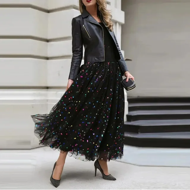 Skirt Jupes Longues Noires Jupe En Cuire Tall Long Black Sequin