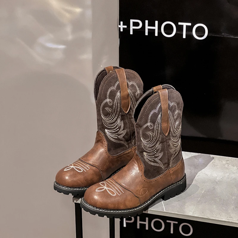 

Embroider Brown Leather Ankle Boots Slip-On Zapatos Para Mujeres Round Toe Ladies Bota Feminina Chunky Heel Women Shoes Winter