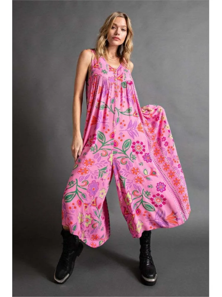 

Casual Boho Beach Jumpsuit Romper Women Fashion Sleeveless Overalls Female Vintag Playsuits Floral Print Pleated Loose Jumpsuits