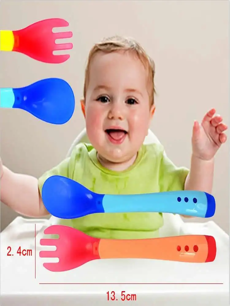 Description Picture 2 of item2 Pcs/Set Baby Training Fork Spoon Set Silicone Baby Feeding Spoon And Fork Set Food Grade Newbornrn Accessories Feeder Spoon