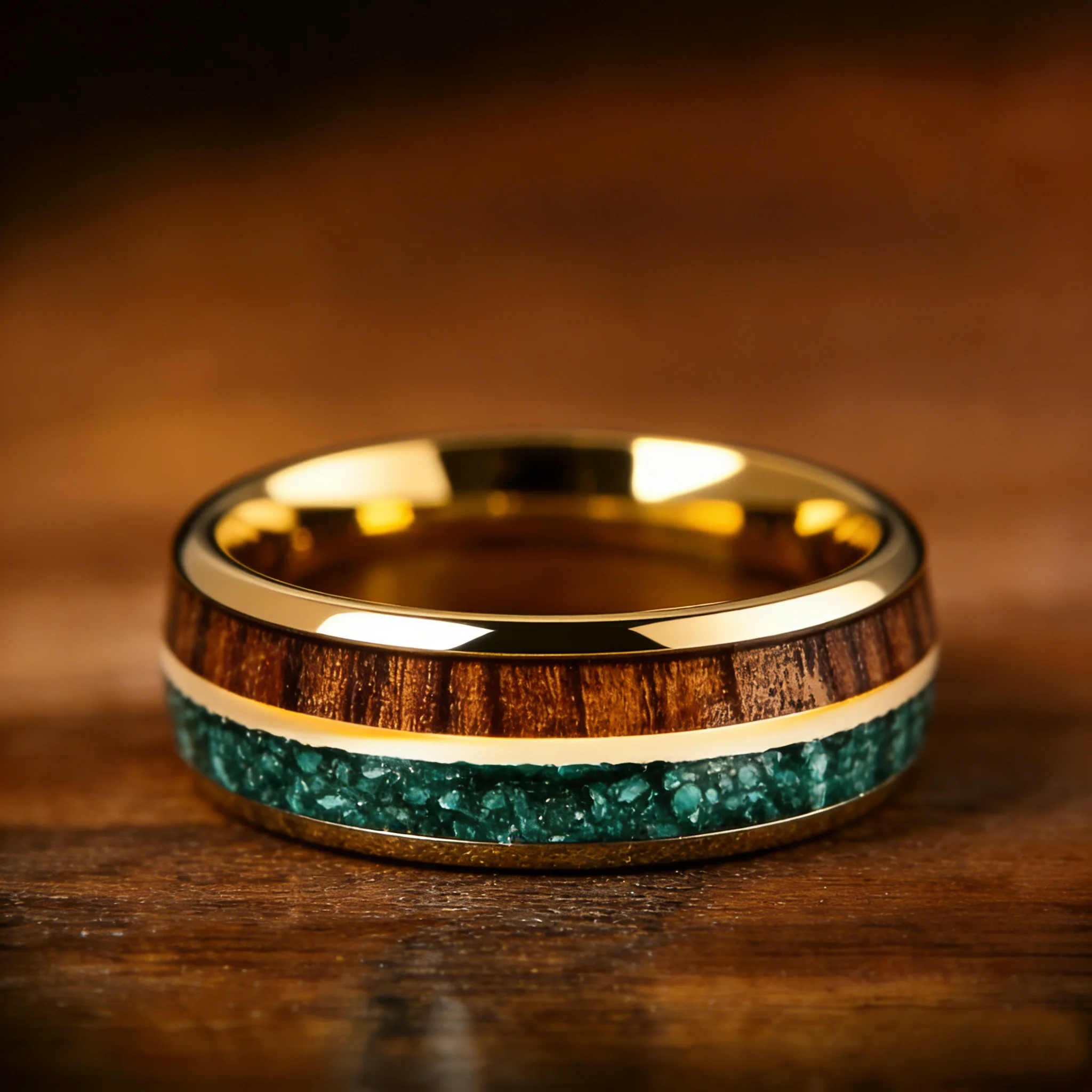With Malachite and Koa Wood Inlay Fashion 8mm Golden Men Stainless Steel Rings for Men Wedding Band Jewelry Gift Drop Shipping 4
