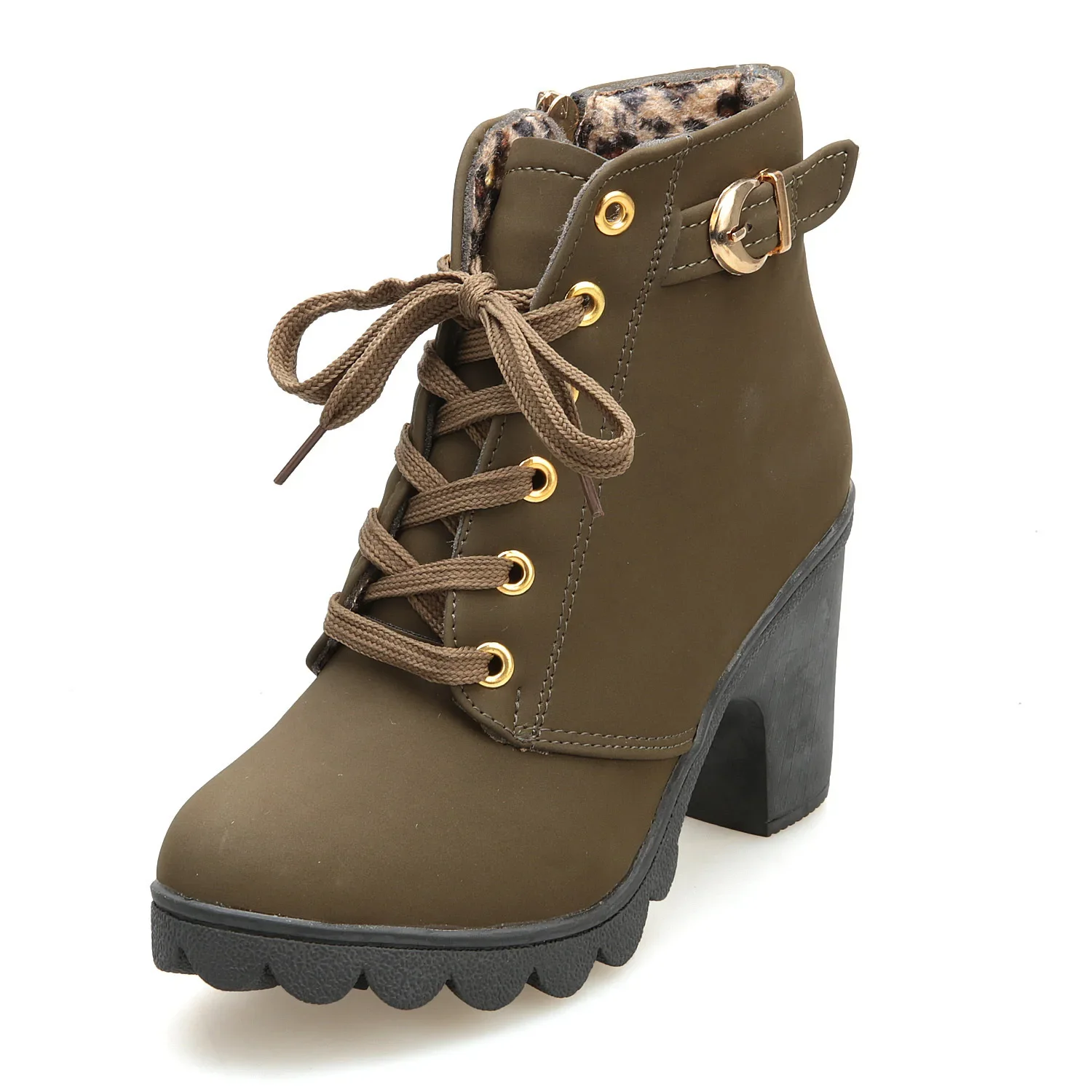 Platform Ankle Boots Women High Heel Lace Up Buckle Artificial Leather