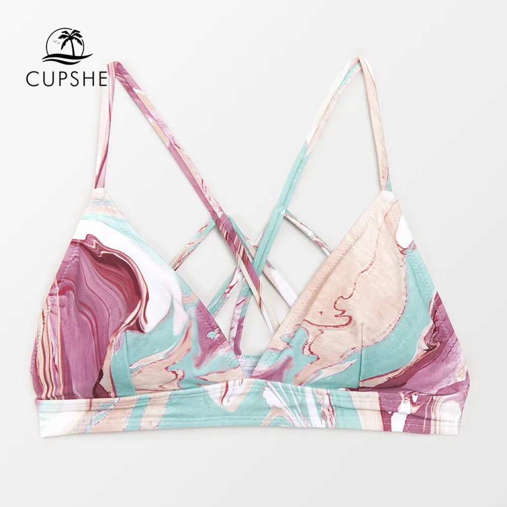 CUPSHE Triangle Strappy Bikini Top For Women Sexy V neck Marble Print