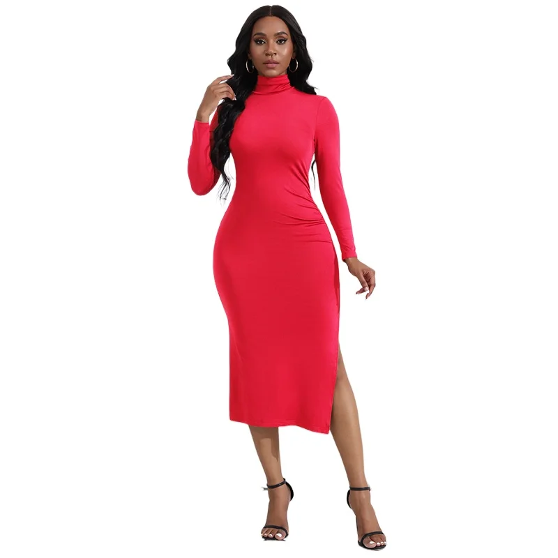 

Bodycon Dress Sexy Irregular Slim Fit Bodycon Knitted Dress with High Collar and Side Slit for Women Boho Dress Vestidos